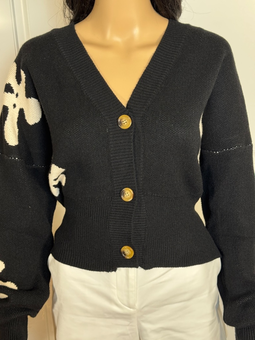 BLACK LONG SLEEVE CARDIGAN SWEATER WITH FLORAL PRINTS - NWT - Picture 8 of 17